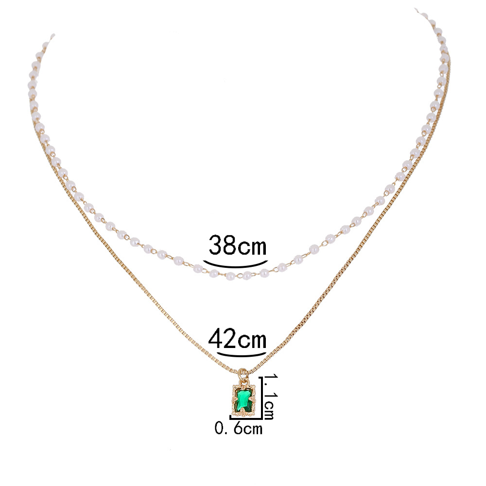 alloy Retro Double-Layer Pearl Fashion Green Zircon Pendant necklace