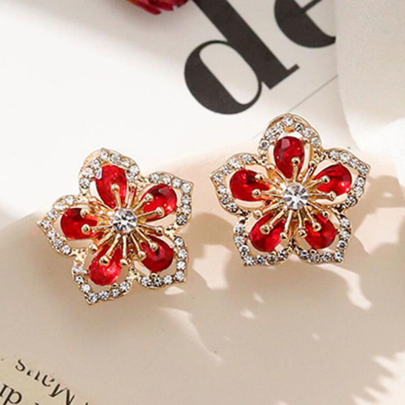 Fashion Delicate Peach Blossom Rhinestone Inlaid Earrings Women