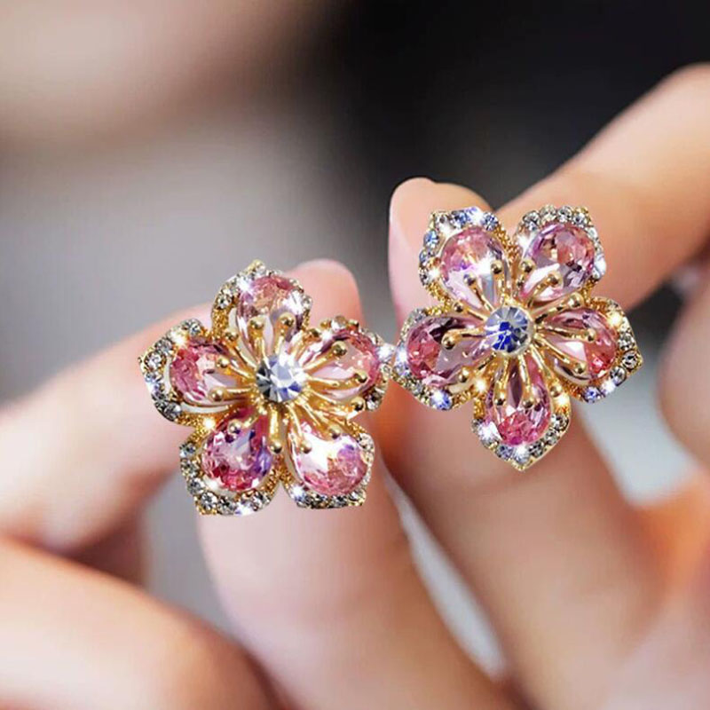 Fashion Delicate Peach Blossom Rhinestone Inlaid Earrings Women