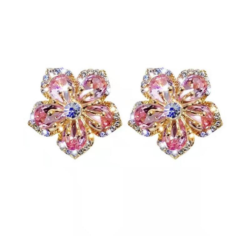 Fashion Delicate Peach Blossom Rhinestone Inlaid Earrings Women