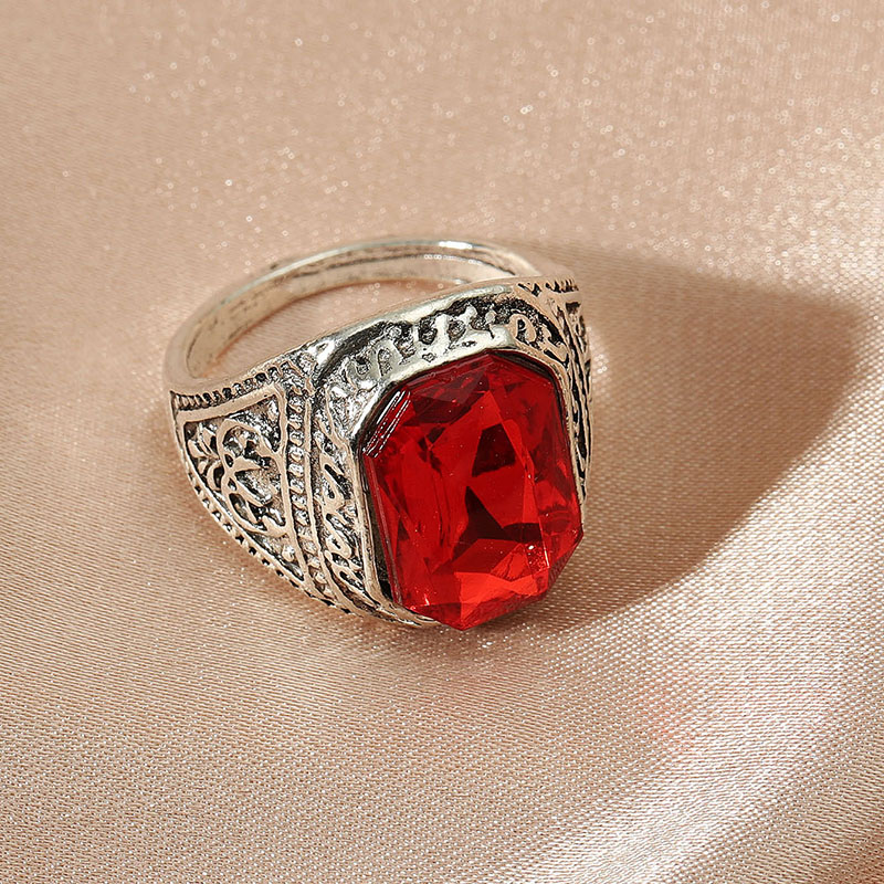 Fashion Ethnic Style Vintage Engraving Big Red Gem Square Ring