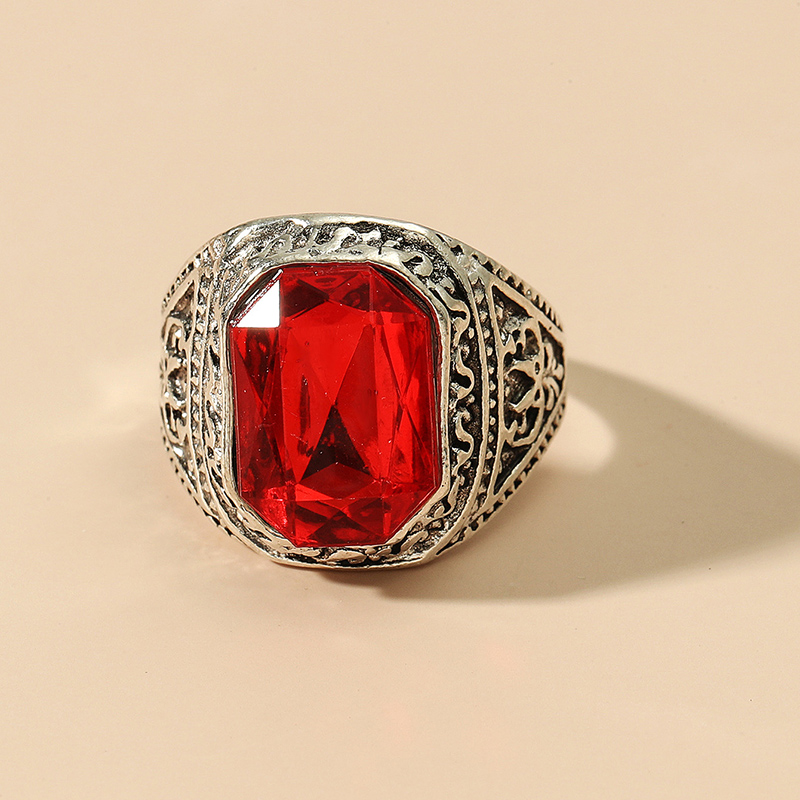 Fashion Ethnic Style Vintage Engraving Big Red Gem Square Ring