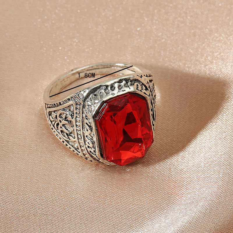 Fashion Ethnic Style Vintage Engraving Big Red Gem Square Ring