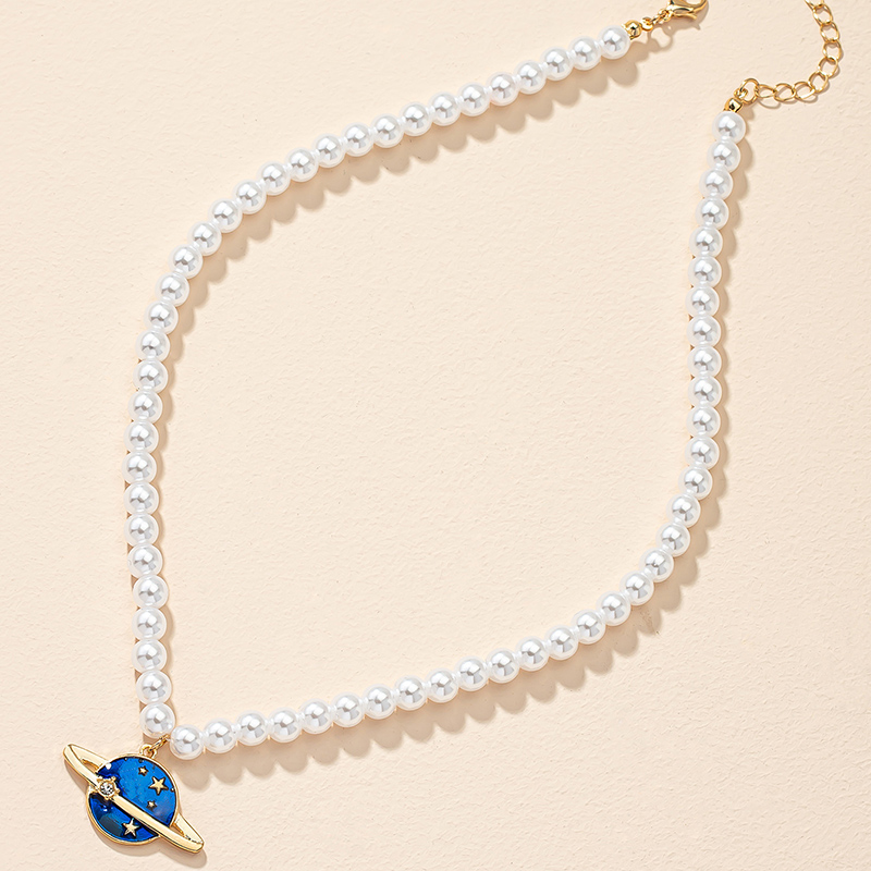 Fashion Simple Pearl Blue Planet Pendant Geometric Alloy Necklace