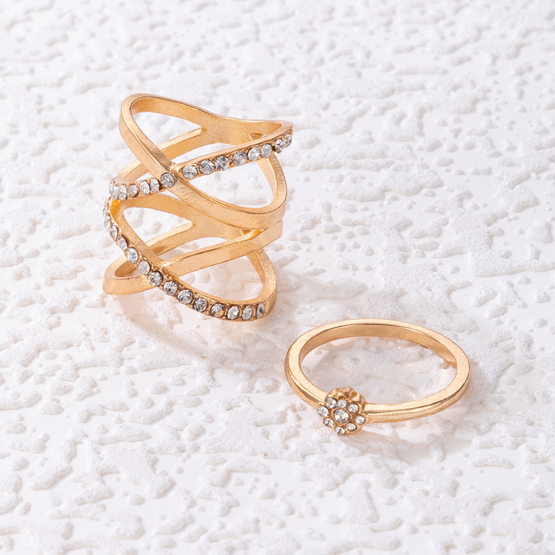 Fashion Diamond Cross Geometric Flower Hollow Alloy Ring Two-Piece Set