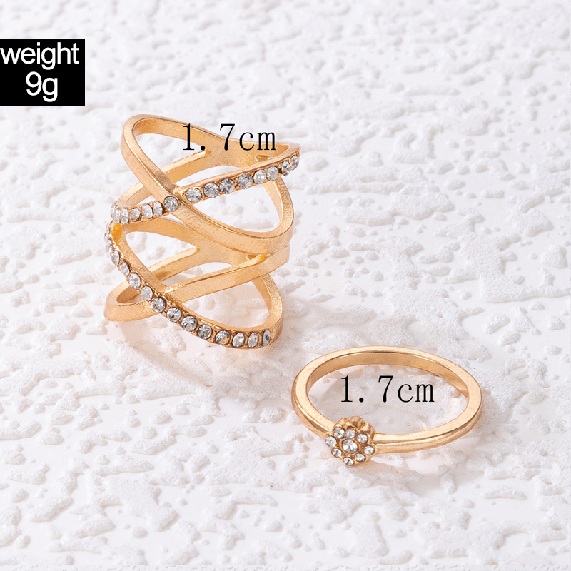 Fashion Diamond Cross Geometric Flower Hollow Alloy Ring Two-Piece Set