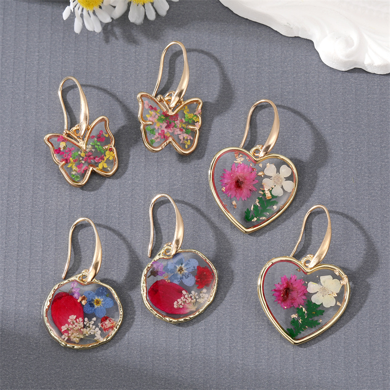 New style Transparent heart Butterfly Dried Flower Geometric pendant Earrings