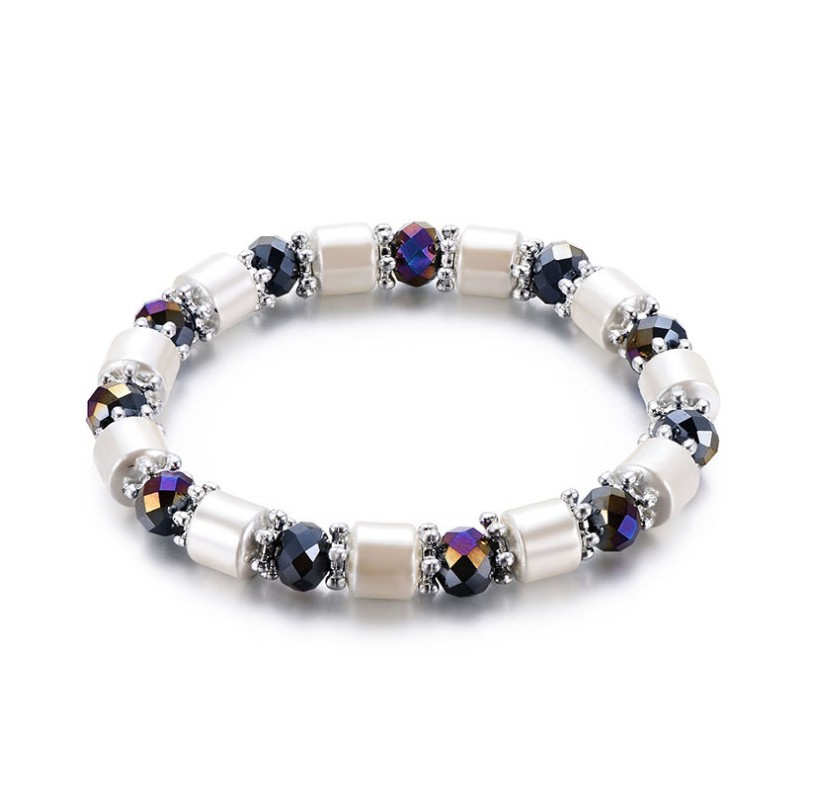 Fashion Haematite White Black Beaded Magnet Metal Bracelet