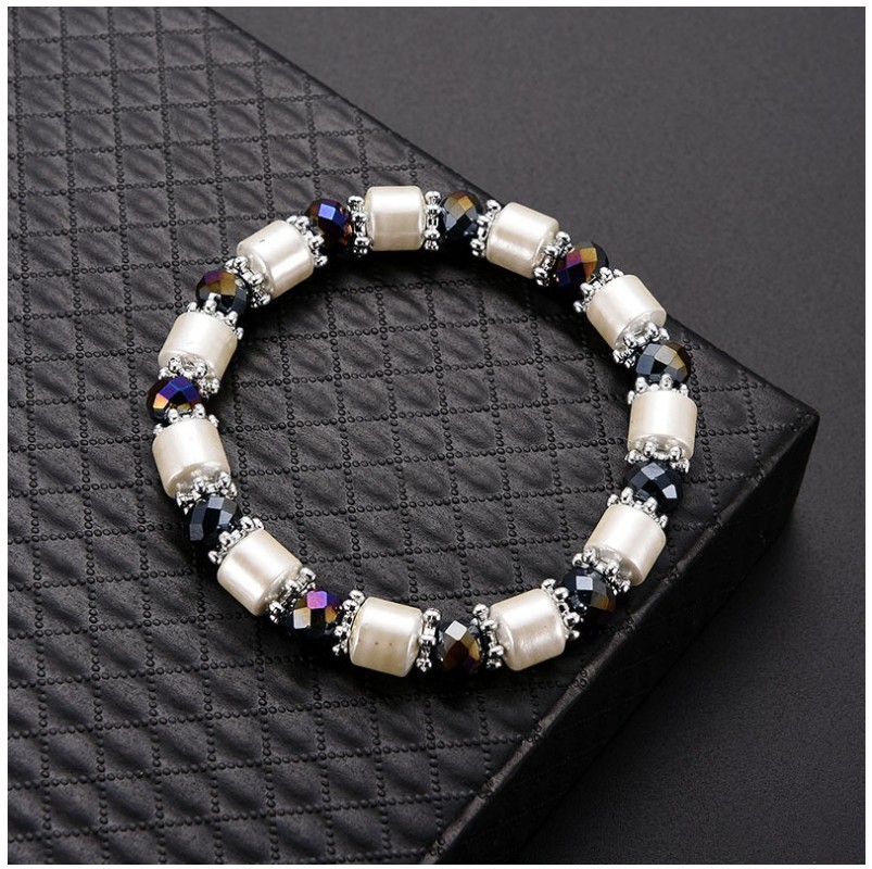 Fashion Haematite White Black Beaded Magnet Metal Bracelet