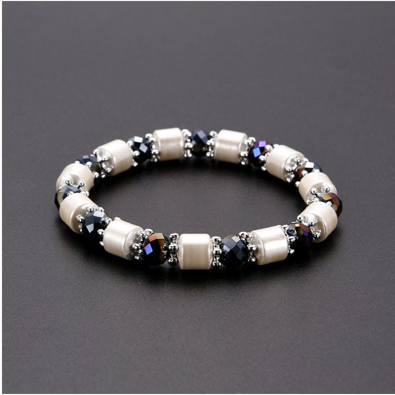 Fashion Haematite White Black Beaded Magnet Metal Bracelet