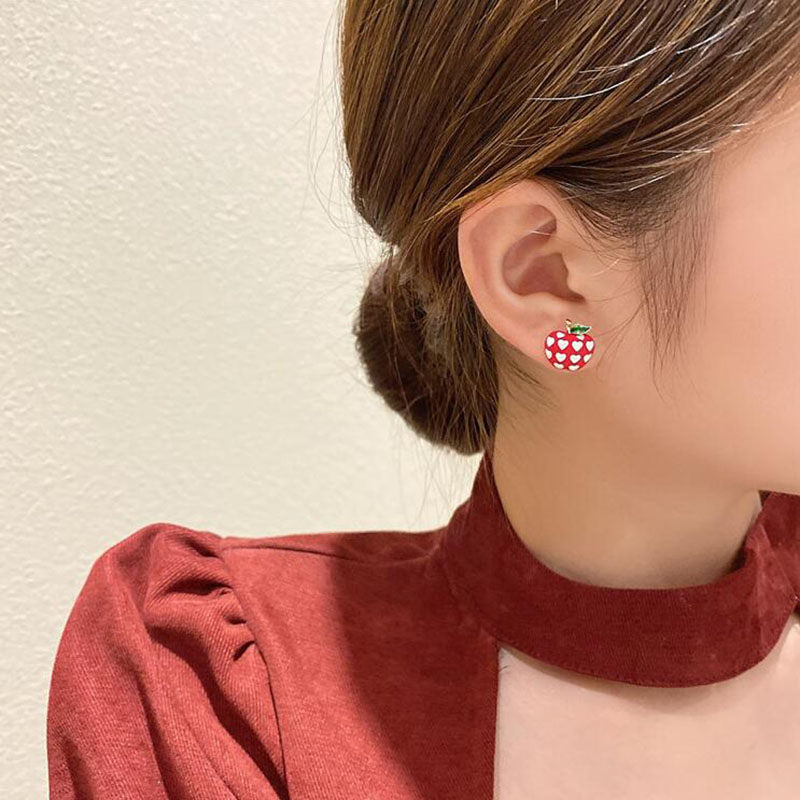 Cute Apple Shaped Heart Print Simple Alloy Earrings Female