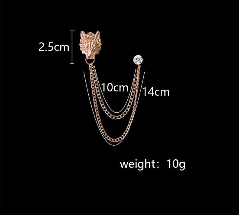Vintage Wolf Head Animal Shape Corsage Suit Pin Brooch Chain