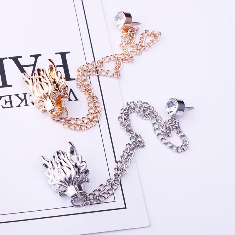 Vintage Wolf Head Animal Shape Corsage Suit Pin Brooch Chain