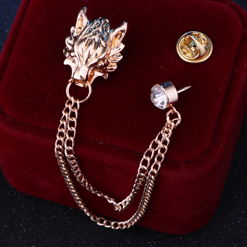 Vintage Wolf Head Animal Shape Corsage Suit Pin Brooch Chain
