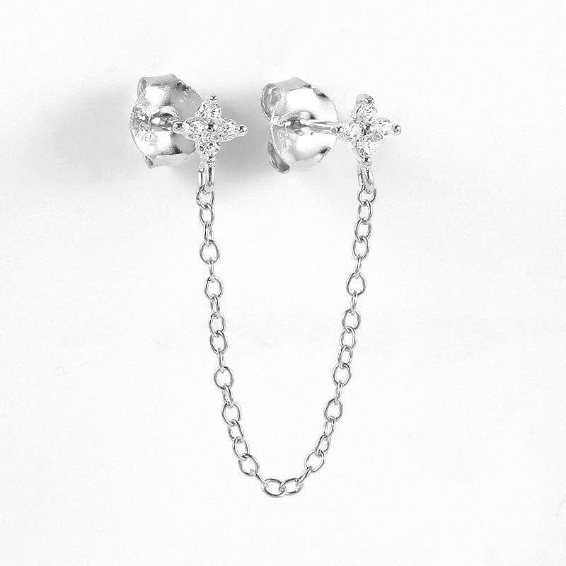 Fashion S925 Sterling Silver Single Diamond Petal Crystal Flowers Chain Earrings