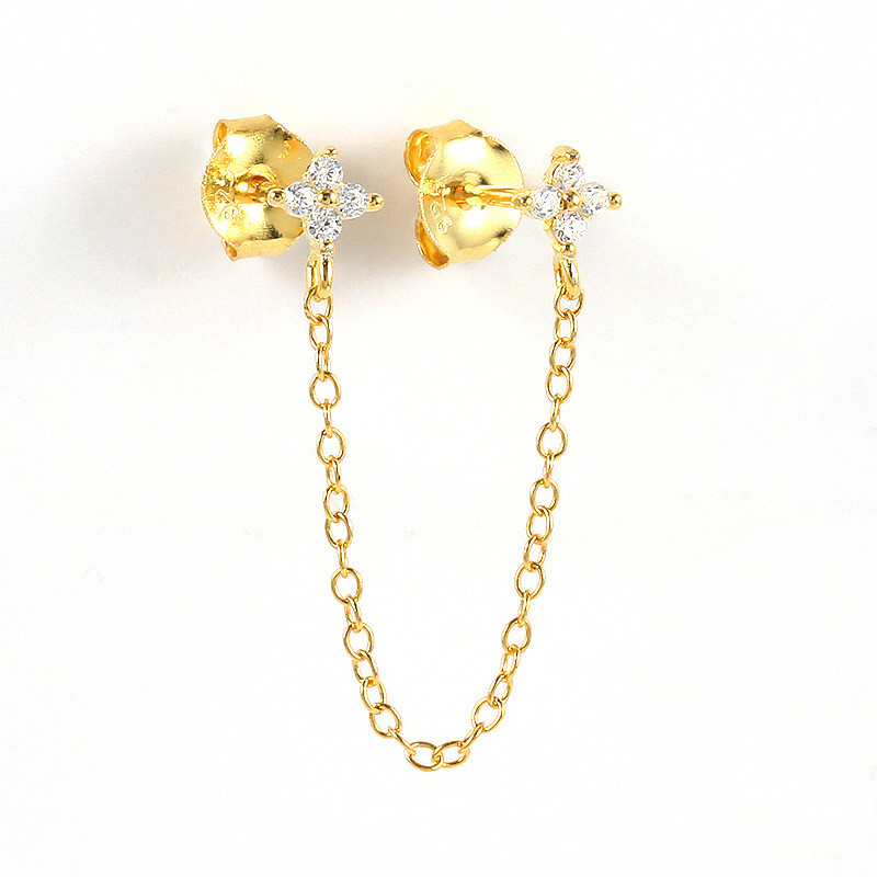 Fashion S925 Sterling Silver Single Diamond Petal Crystal Flowers Chain Earrings