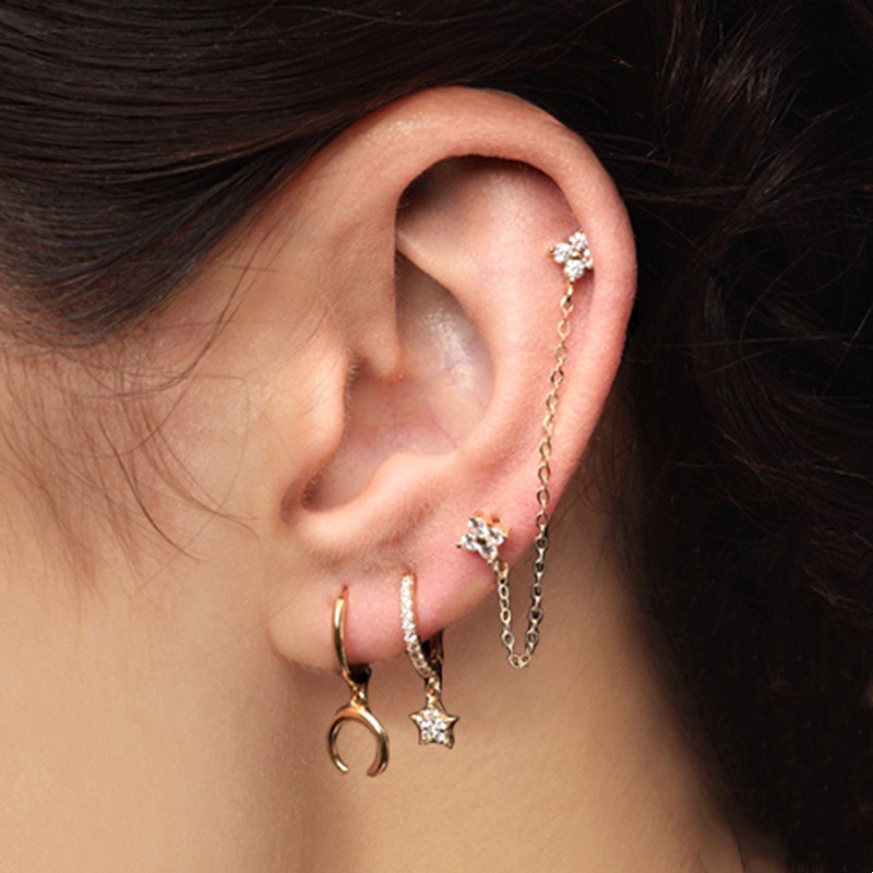 Fashion S925 Sterling Silver Single Diamond Petal Crystal Flowers Chain Earrings