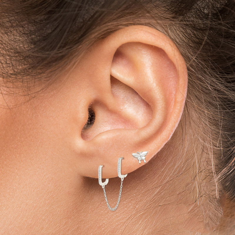 Fashion S925 Sterling Silver U-Shaped Diamond Tassel Chain Ear Clip Earrings