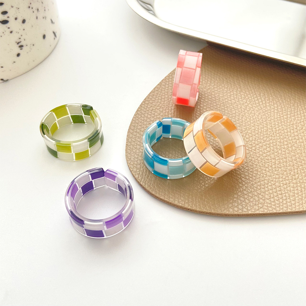 Fashion Color Contrast Chessboard Plaid Candy Color Acrylic Open Adjustable Ring