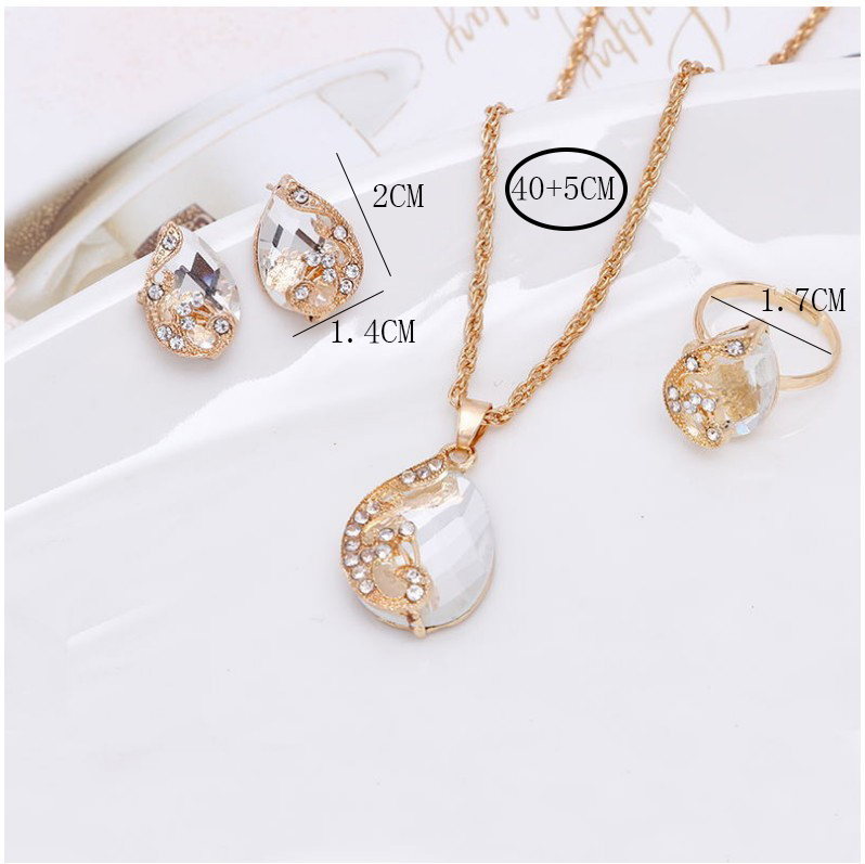 Crystal Drop-Shaped Gem Hollow Peacock Necklace Three-Piece Set