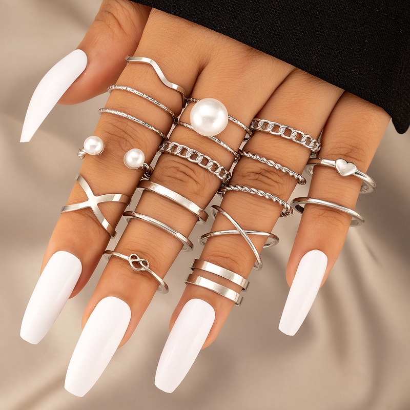 Retro Alloy Geometric Pattern Hand XINGX Ring Daily Artificial Pearl Copper Rings