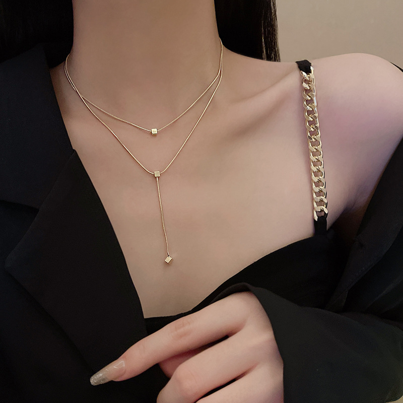 Fashion 2022 New style cube pendant Clavicle Chain Double Layer copper Necklace