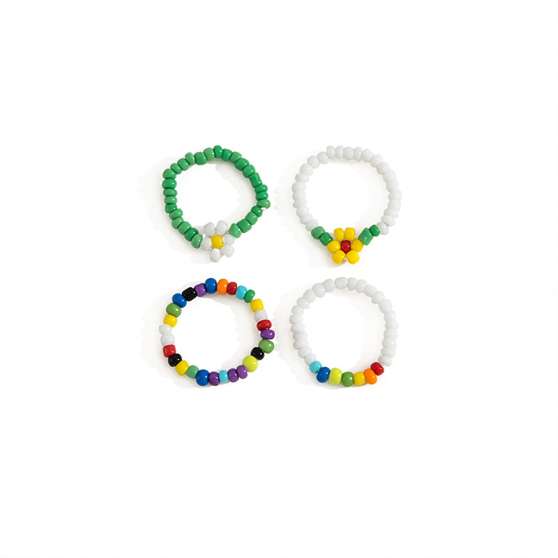 2022 New Arrival Beach Series Colorful Bead Small Flower Elastic Toe Ring 4-Piece Set