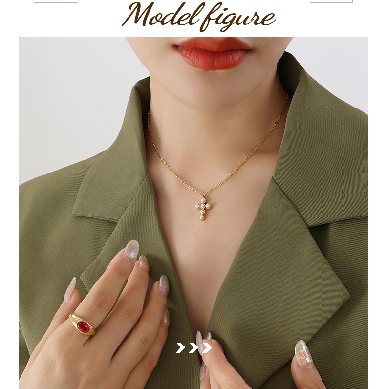 Titanium Steel round Cross Imitation Pearl Womenu0027s Retro Sweet Necklace