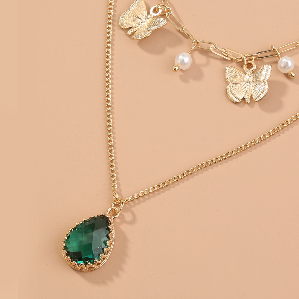 Fashion Creative Butterfly Emerald Water Drop Zircon Multi-Layer Copper Necklace