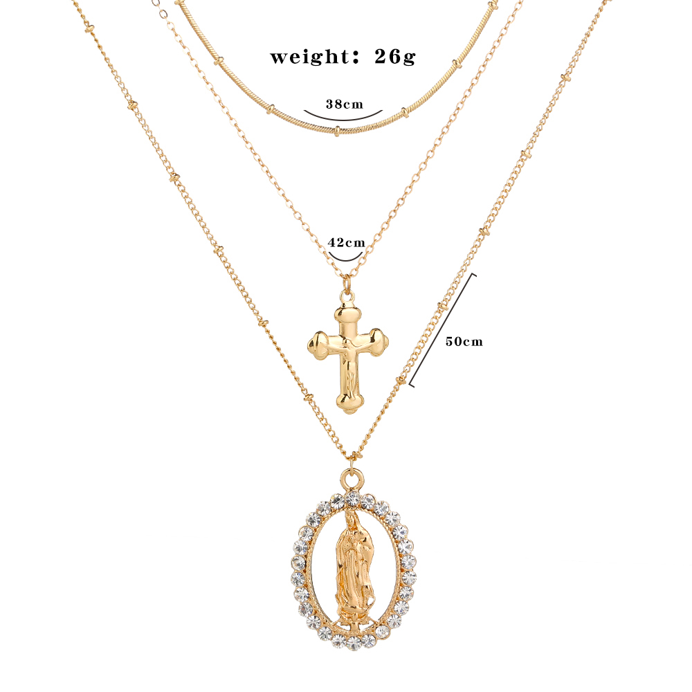 Fashion Retro Diamond-Embedded Lady Cross Oval Pendant Multi-Layer Alloy Necklace