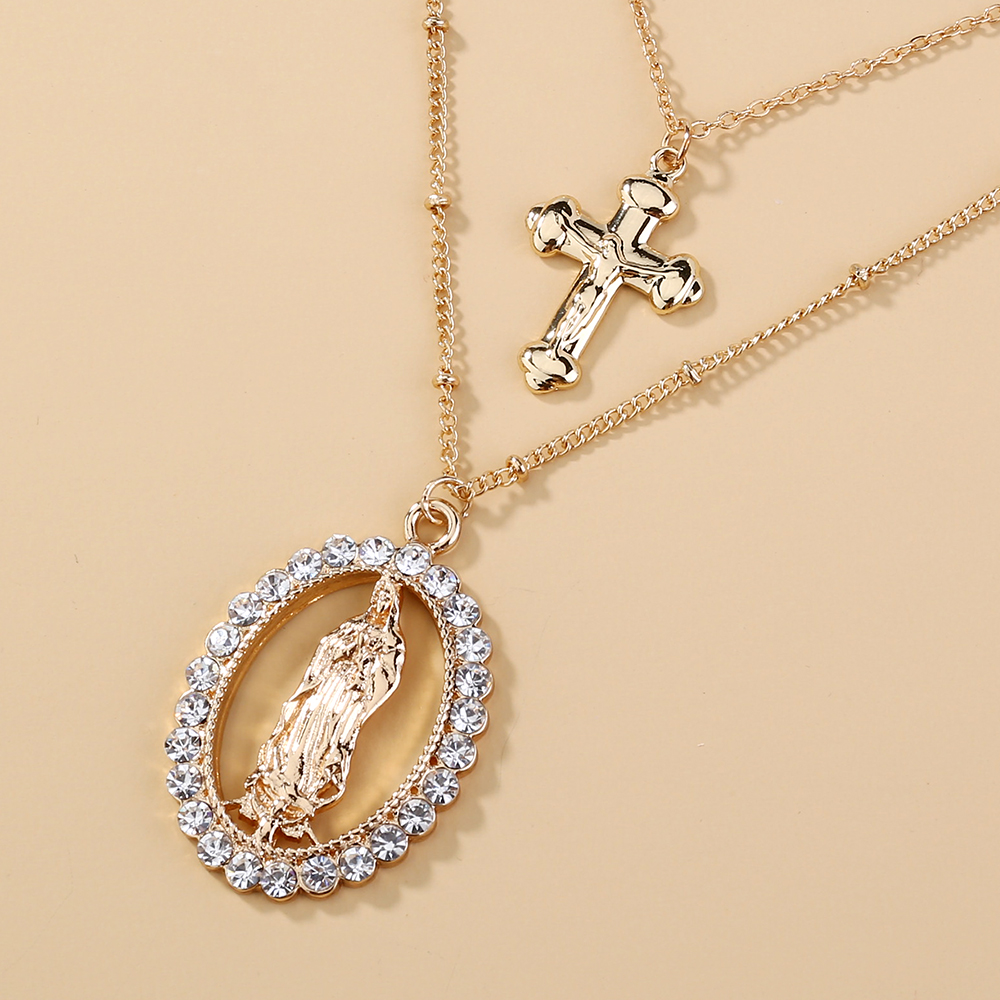 Fashion Retro Diamond-Embedded Lady Cross Oval Pendant Multi-Layer Alloy Necklace