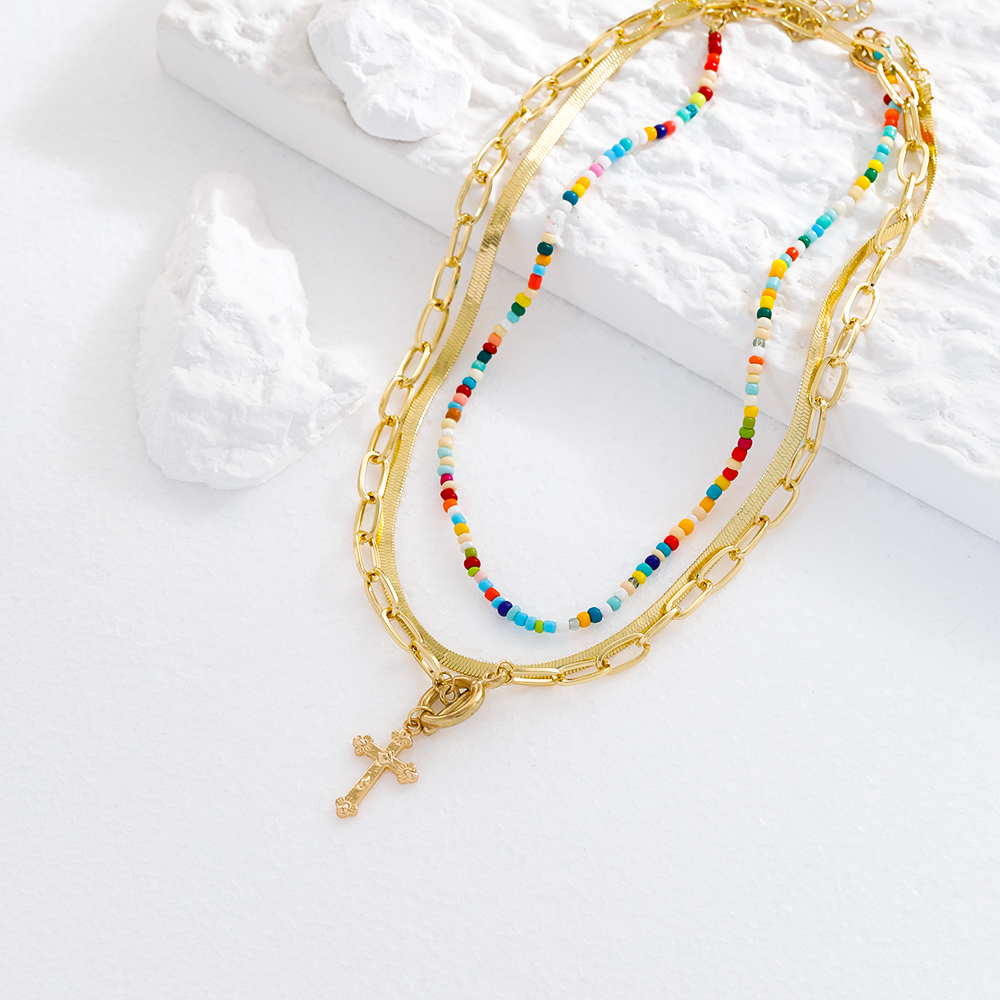 Fashion Elegant Gold Plated Colorful Beaded Cross Pendant Multi-Layer Clavicle Chain Necklace