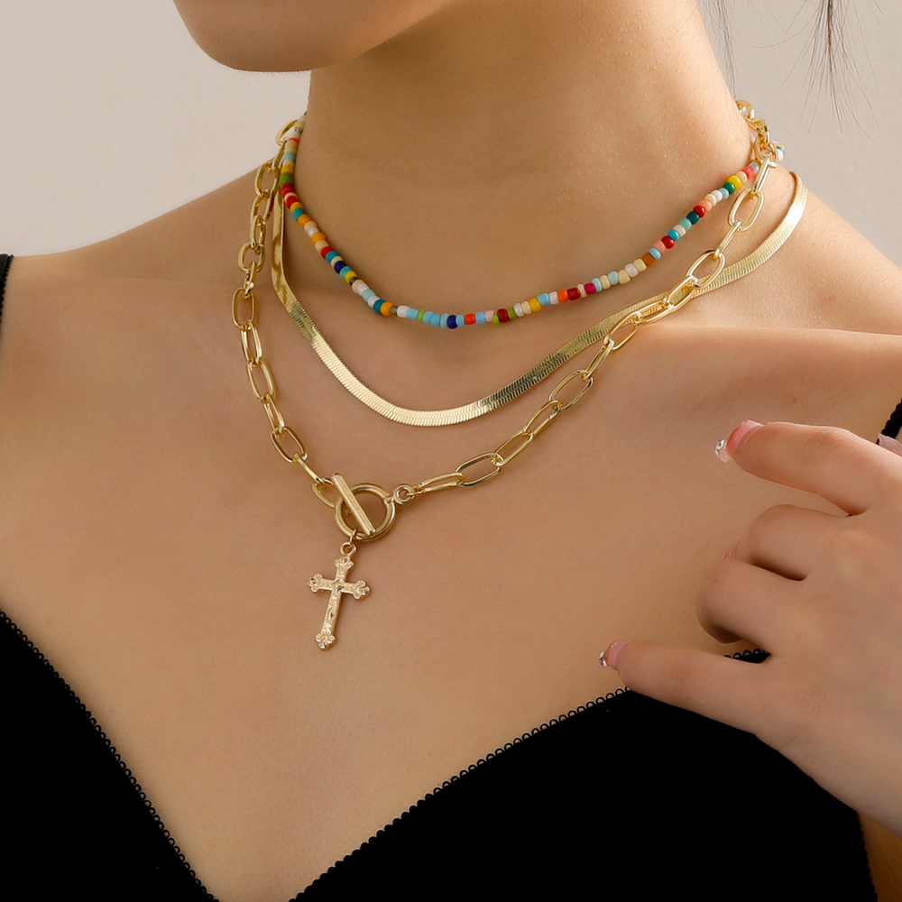 Fashion Elegant Gold Plated Colorful Beaded Cross Pendant Multi-Layer Clavicle Chain Necklace