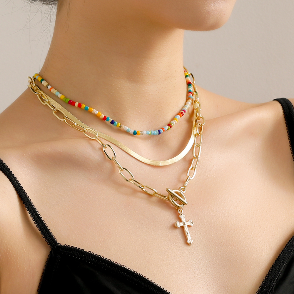 Fashion Elegant Gold Plated Colorful Beaded Cross Pendant Multi-Layer Clavicle Chain Necklace