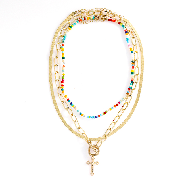 Fashion Elegant Gold Plated Colorful Beaded Cross Pendant Multi-Layer Clavicle Chain Necklace