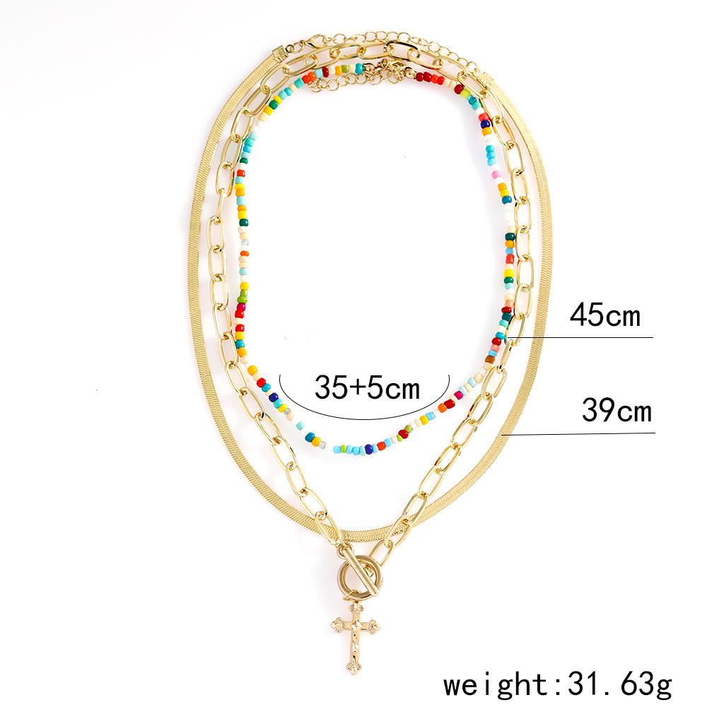 Fashion Elegant Gold Plated Colorful Beaded Cross Pendant Multi-Layer Clavicle Chain Necklace