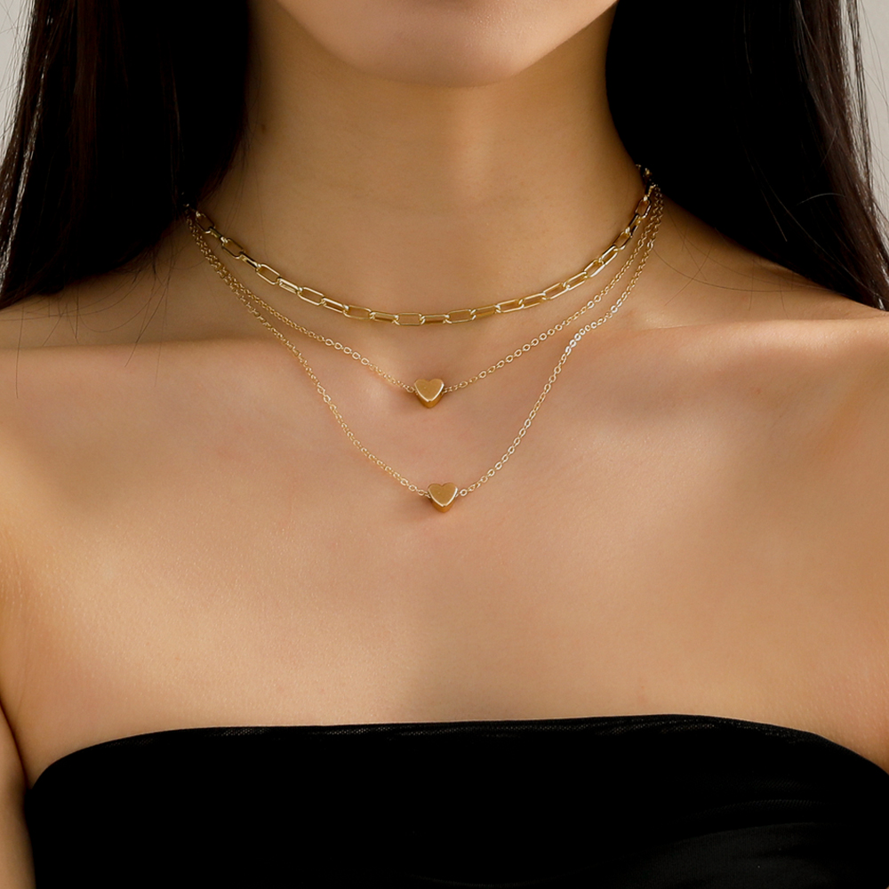 Fashion Elegant Gold Plated Heart Pendant Multi-Layer Clavicle Chain Necklace