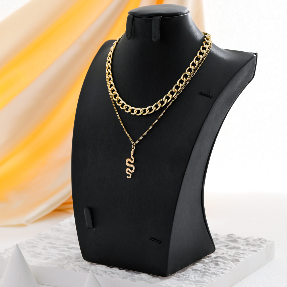 Fashion Elegant Gold Plated Pearl Snake Pendant Double-Layer Thick Chain Necklace