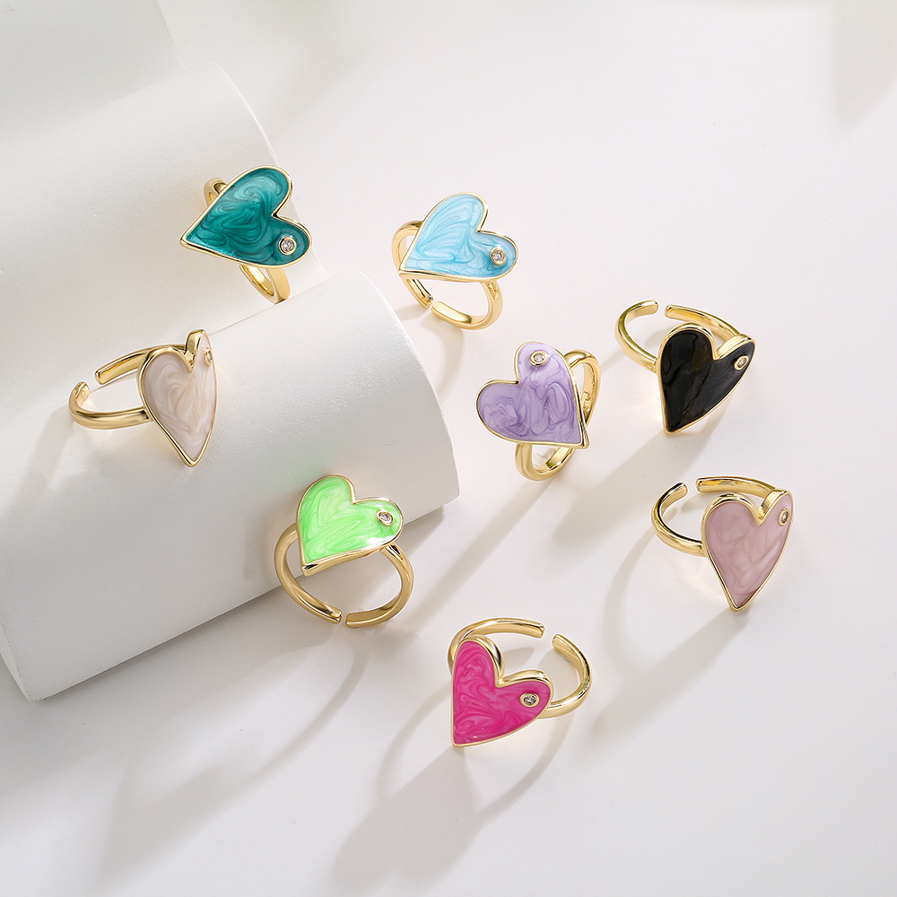 Aogu Cross-Border New Product Copper Plating 18K Gold Dripping Zircon Heart-Shaped Open Ring Female