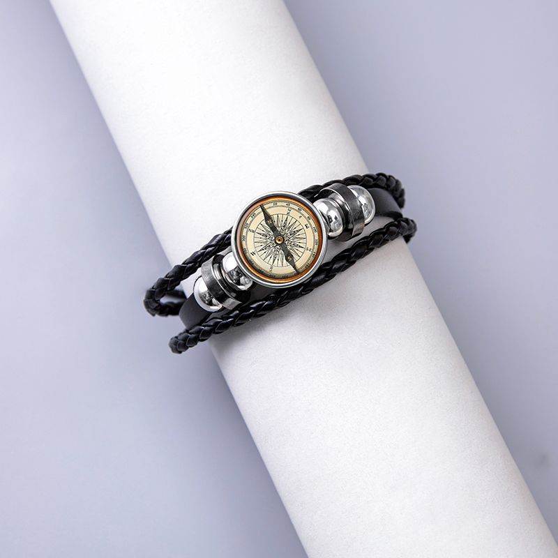Fashion Artificial Leather Glass Compass Bracelet Daily Hand-Woven Unset Stainless Steel Bracelets