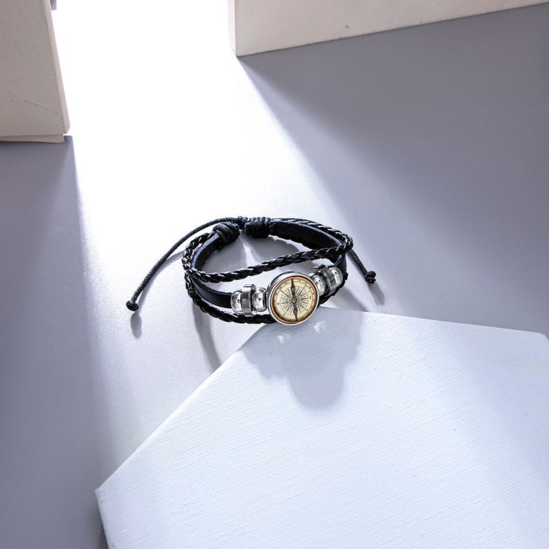 Fashion Artificial Leather Glass Compass Bracelet Daily Hand-Woven Unset Stainless Steel Bracelets