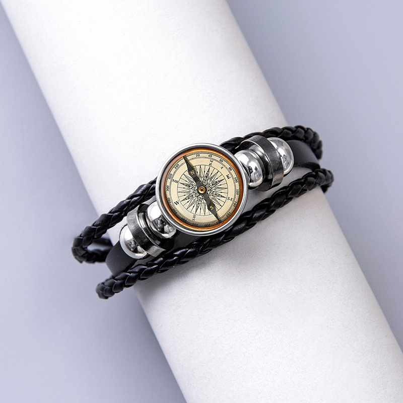 Fashion Artificial Leather Glass Compass Bracelet Daily Hand-Woven Unset Stainless Steel Bracelets