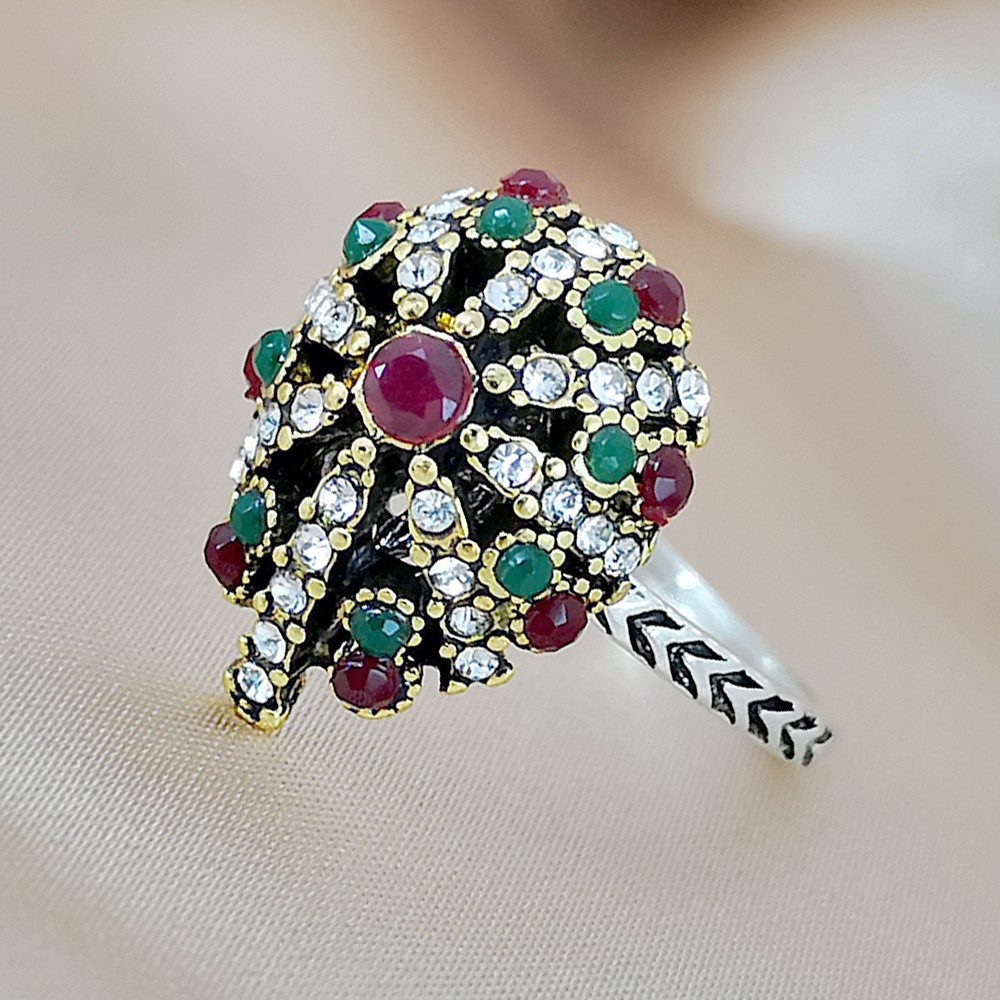 Retro Printing Alloy Flower Rhinestone Rings