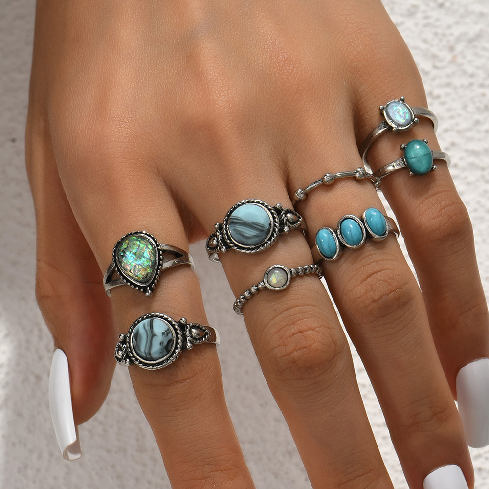 Retro Geometric Alloy Inlay Artificial Gemstones Rings