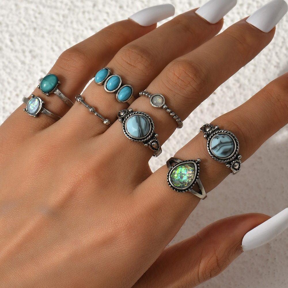 Retro Geometric Alloy Inlay Artificial Gemstones Rings