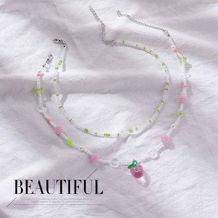 Cute Strawberry Imitation Pearl Resin Layered Necklaces 2 Pieces