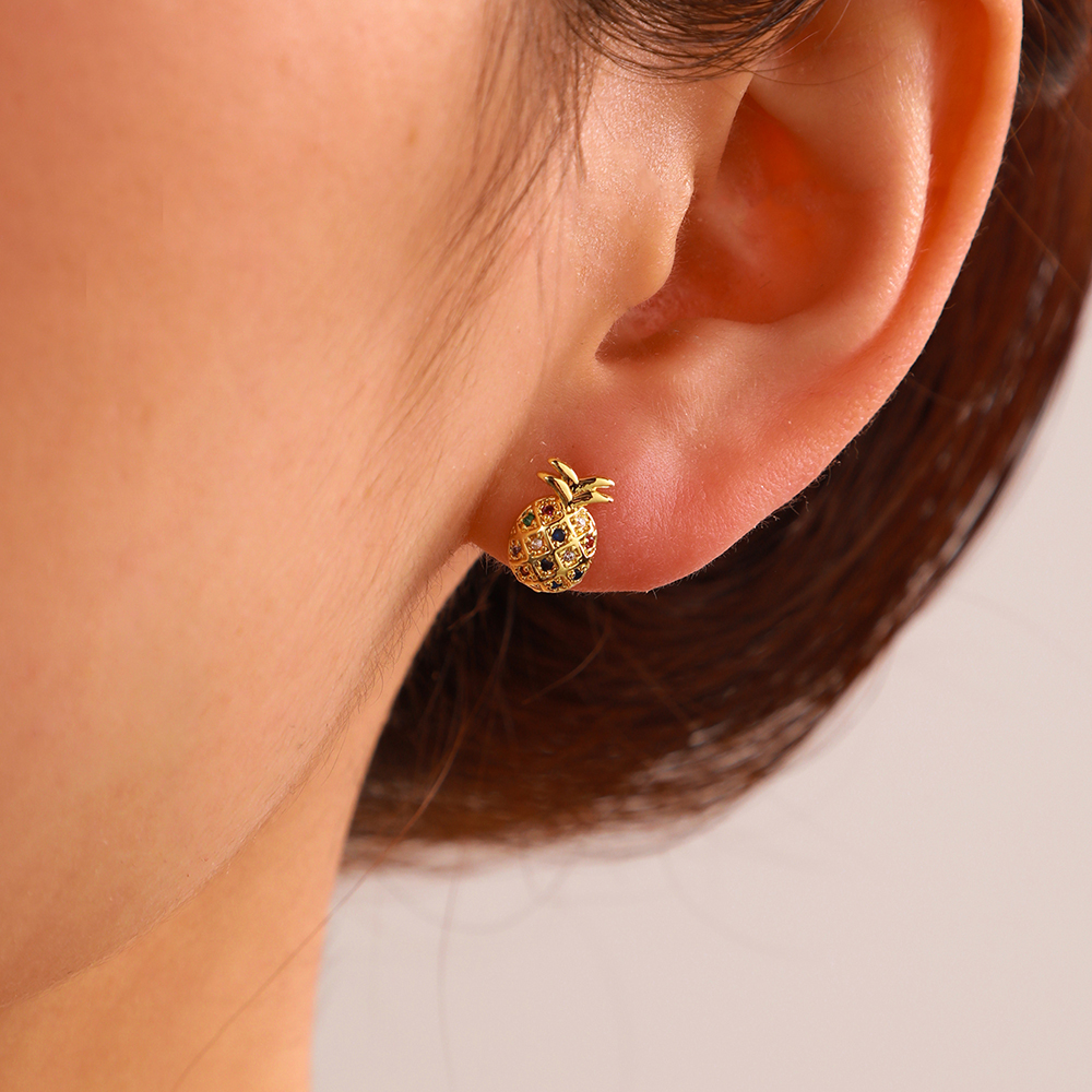 Fashion Palm Tree Fruit Copper Ear Studs Zircon Copper Rings