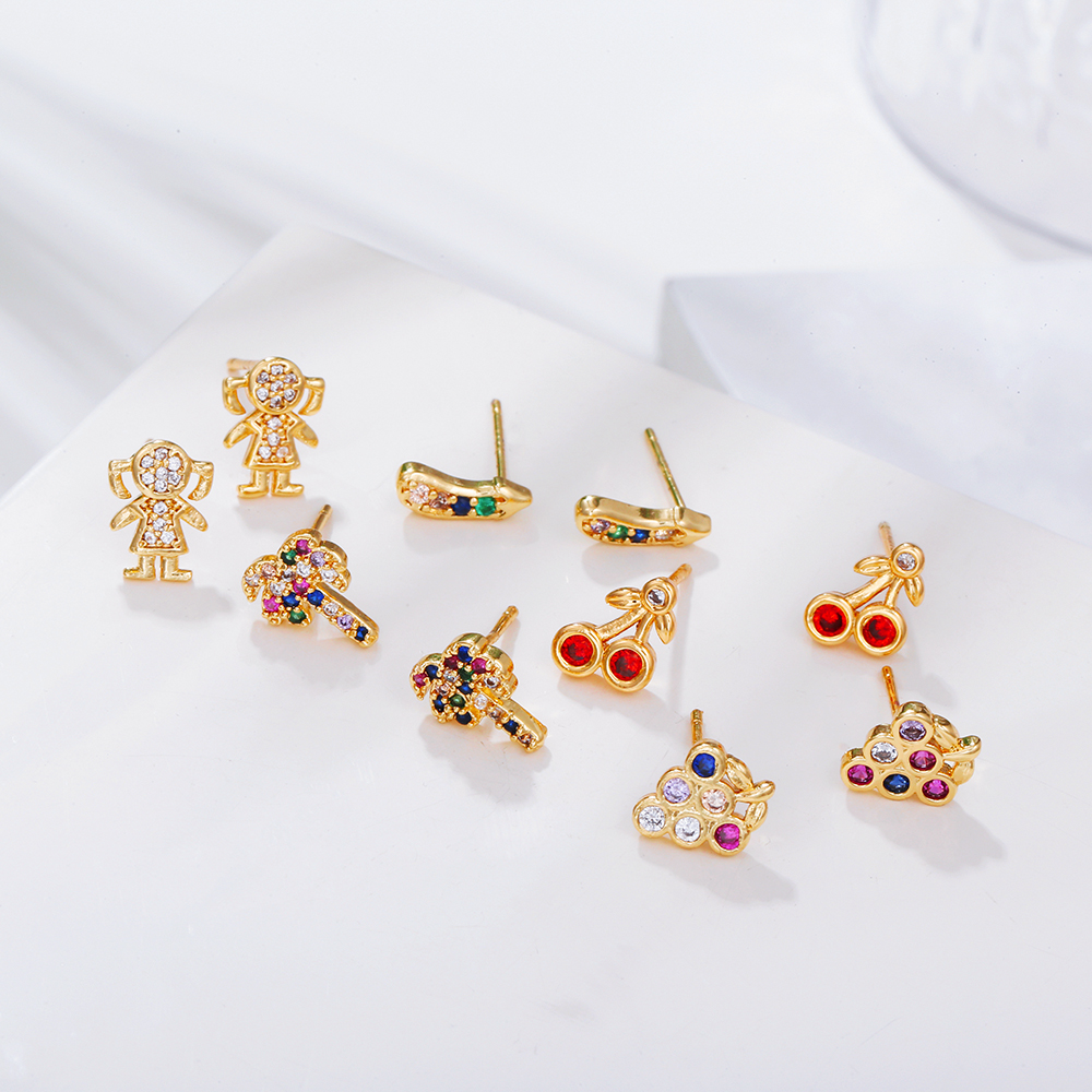 Fashion Palm Tree Fruit Copper Ear Studs Zircon Copper Rings