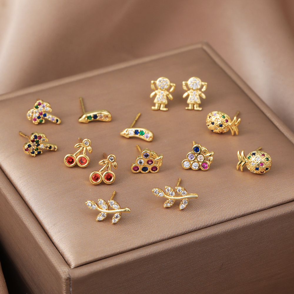 Fashion Palm Tree Fruit Copper Ear Studs Zircon Copper Rings