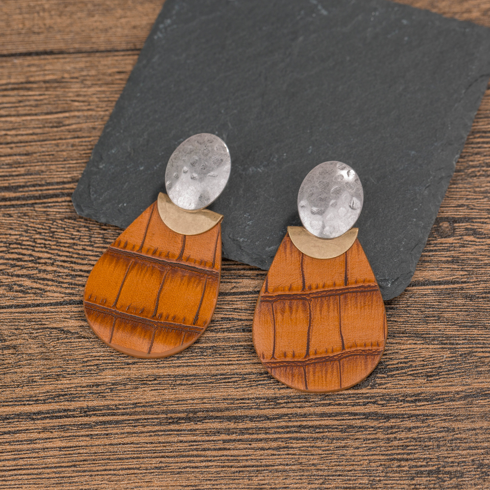 Vintage Style Water Droplets Alloy Patchwork Artificial Leather Earrings